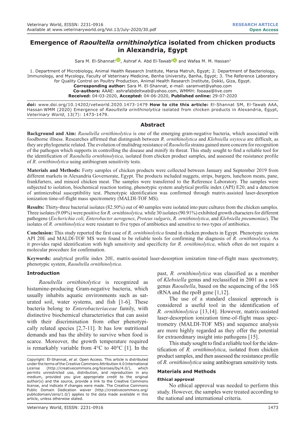 Emergence of Raoultella Ornithinolytica Isolated from Chicken Products in Alexandria, Egypt