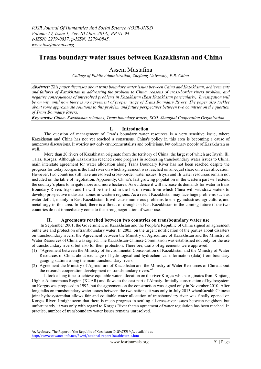 Trans Boundary Water Issues Between Kazakhstan and China