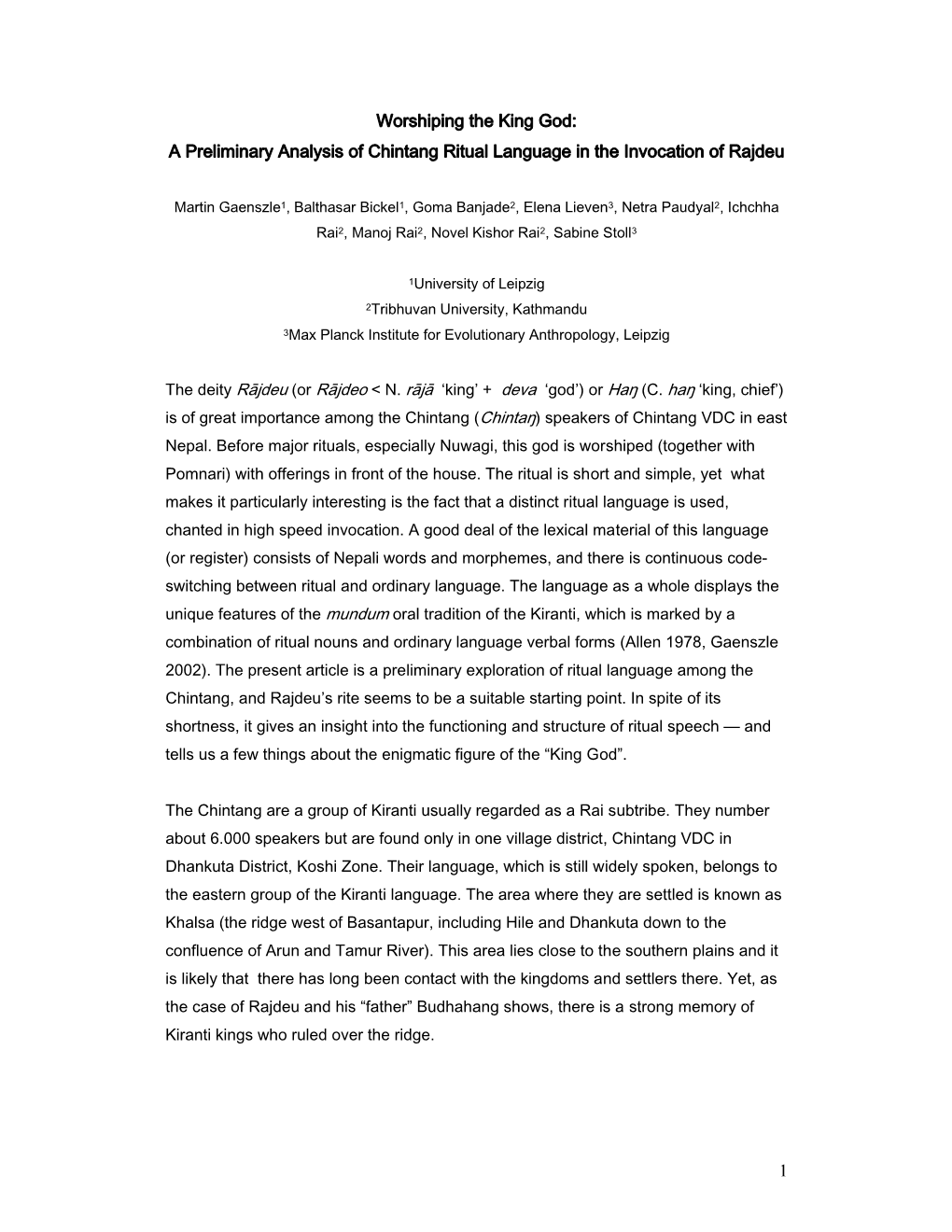 A Preliminary Analysis of Chintang Ritual Language in the Invocation of Rajdeu