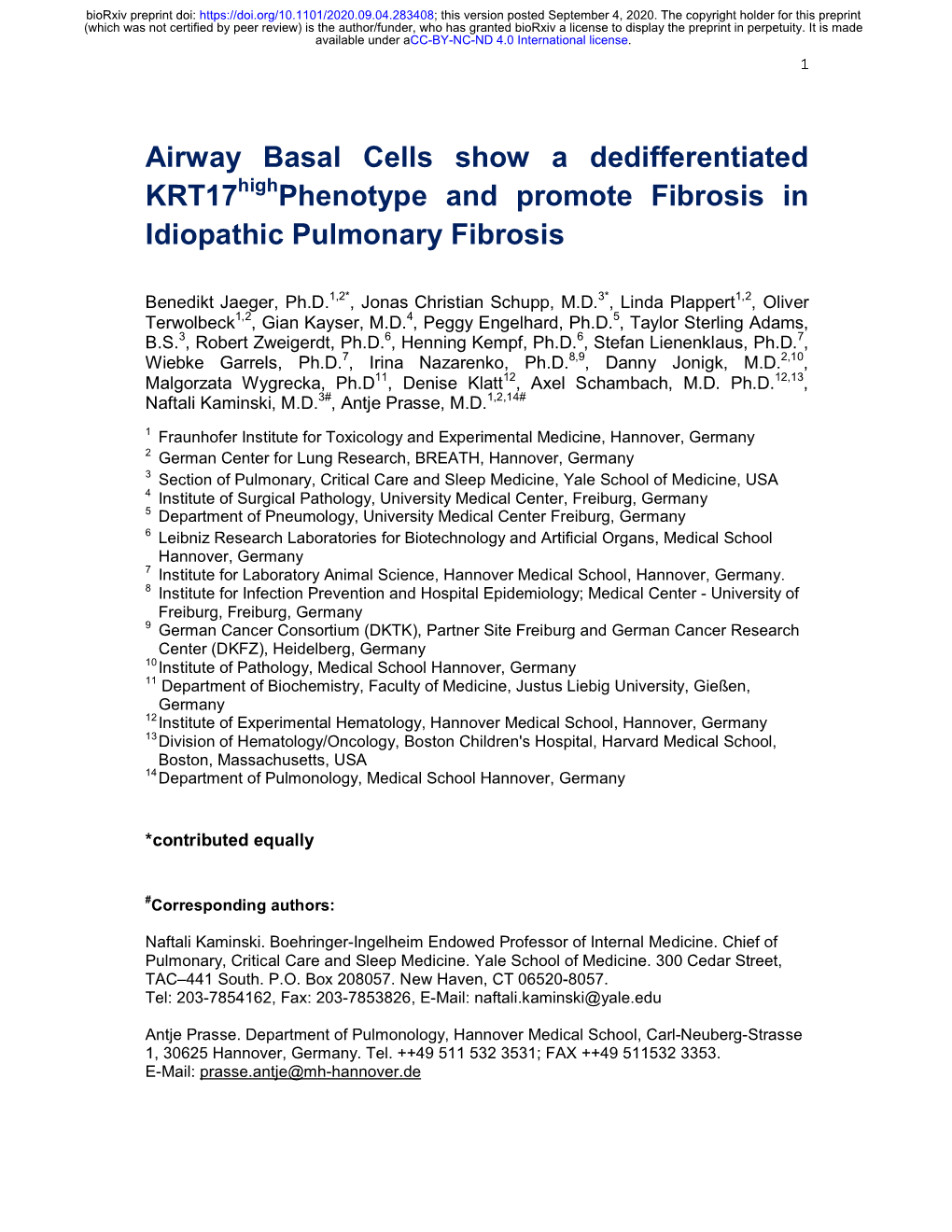 Airway Basal Cells Show a Dedifferentiated Krt17highphenotype and Promote Fibrosis in Idiopathic Pulmonary Fibrosis