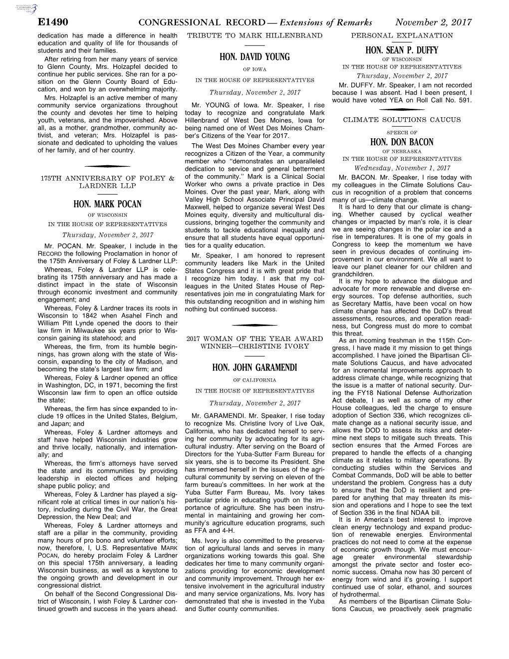 CONGRESSIONAL RECORD— Extensions of Remarks E1490 HON. MARK POCAN HON. DAVID YOUNG HON. JOHN GARAMENDI HON. SEAN P. DUFFY HON