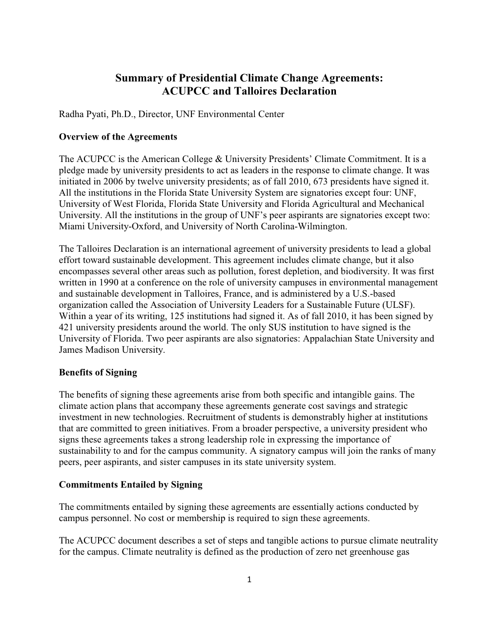 Summary of Presidential Climate Change Agreements: ACUPCC and Talloires Declaration