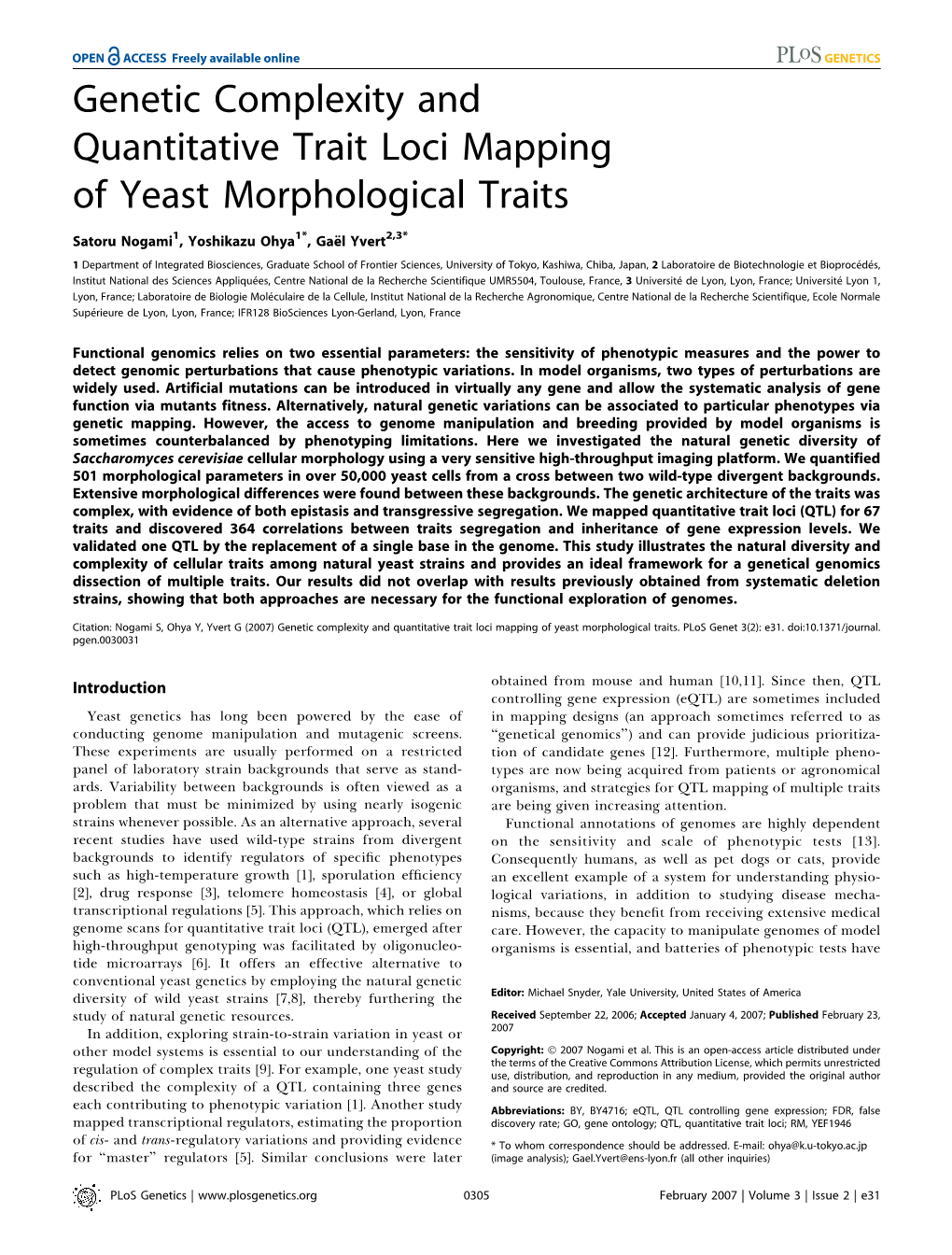 Genetic Complexity and Quantitative Trait Loci Mapping of Yeast Morphological Traits