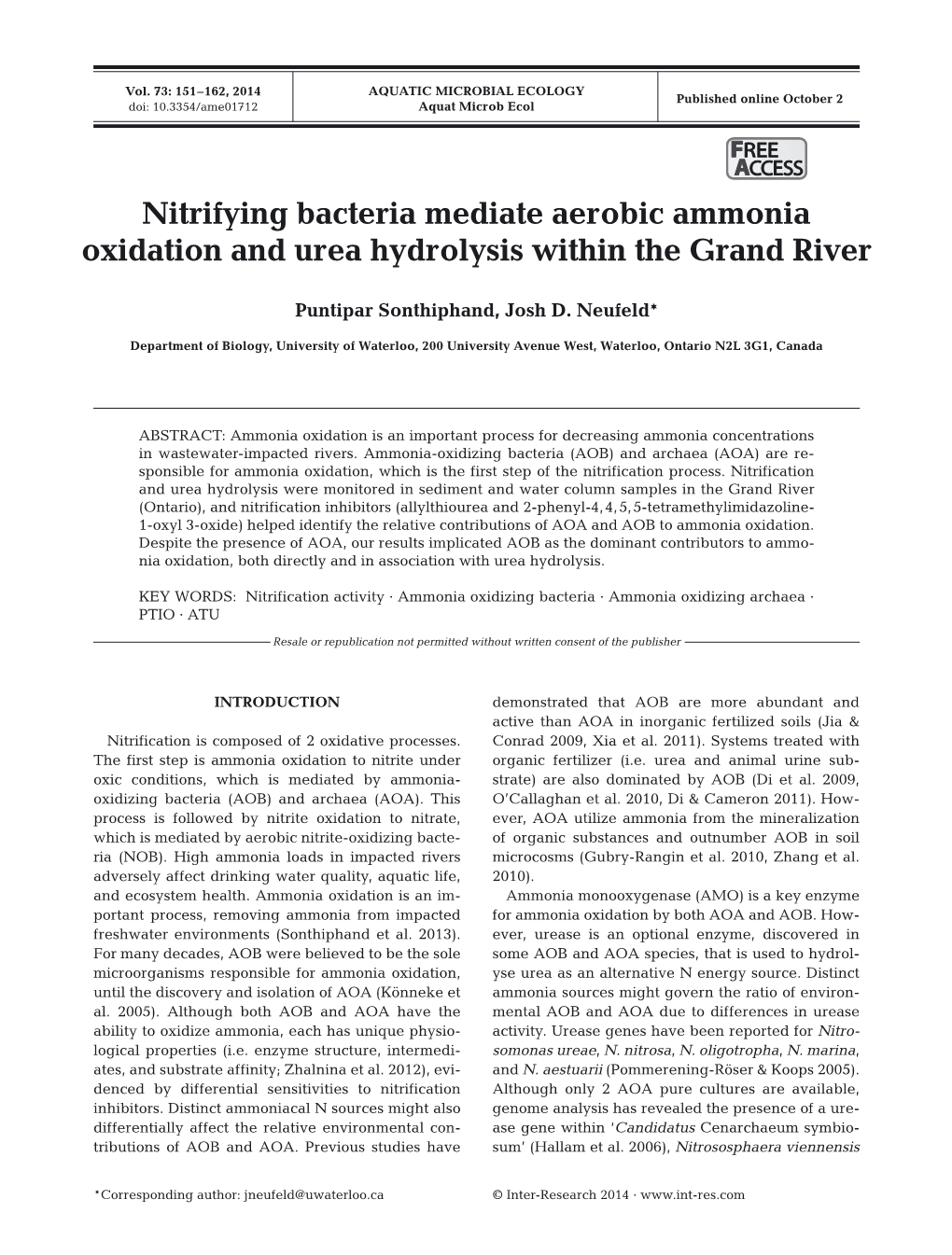 Nitrifying Bacteria Mediate Aerobic Ammonia Oxidation and Urea Hydrolysis Within the Grand River