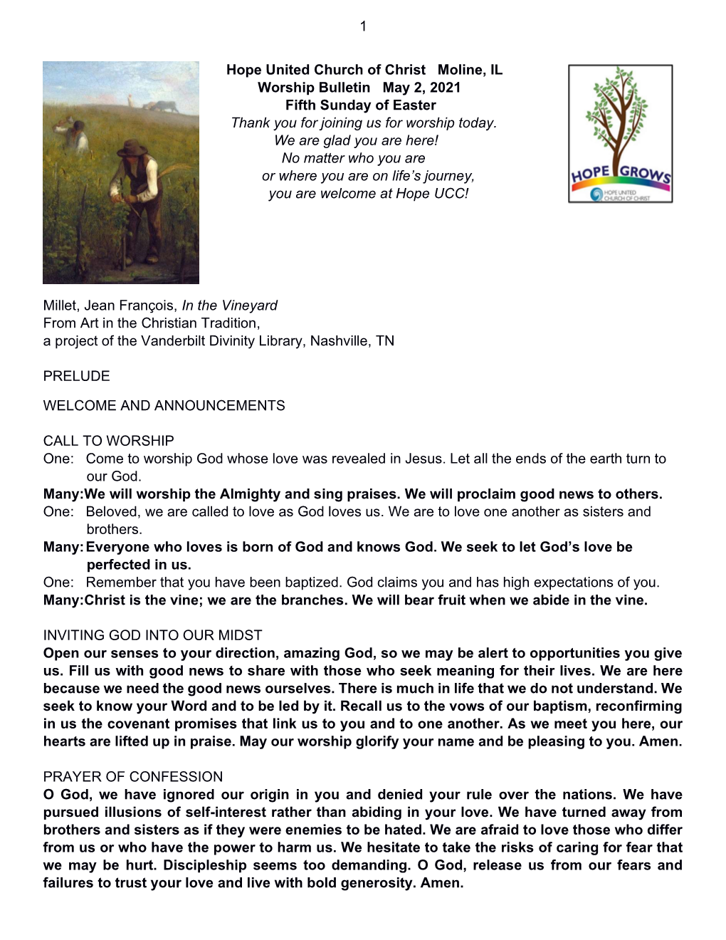 1 Hope United Church of Christ Moline, IL Worship Bulletin May 2