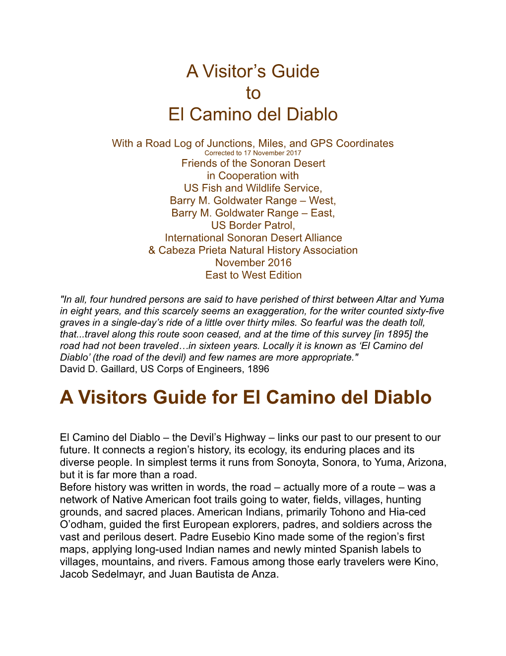 A Visitors Guide for El Camino Del Diablo