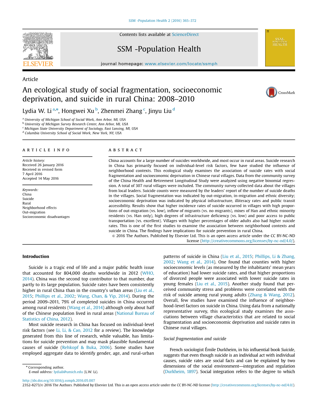 An Ecological Study of Social Fragmentation, Socioeconomic Deprivation, and Suicide in Rural China 2008–2010