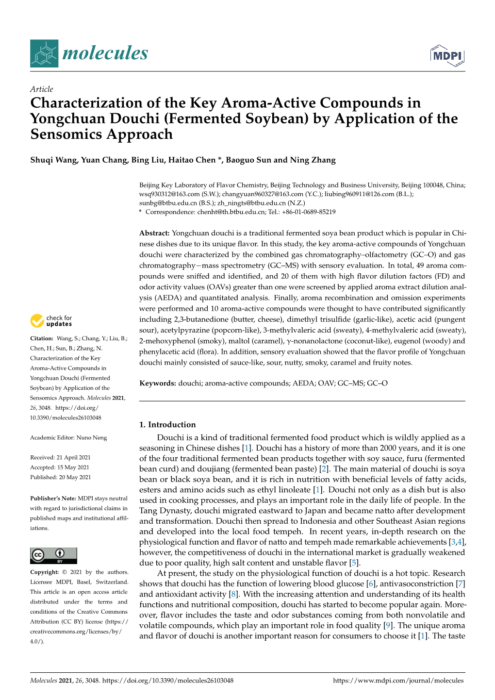 Characterization of the Key Aroma-Active Compounds in Yongchuan Douchi (Fermented Soybean) by Application of the Sensomics Approach