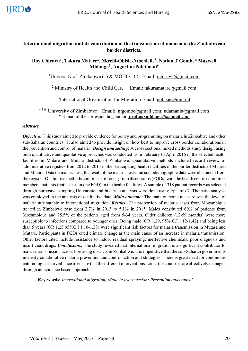 Trend Analysis of Malaria Incidence in Mutasa and Mutare Districts, 2009