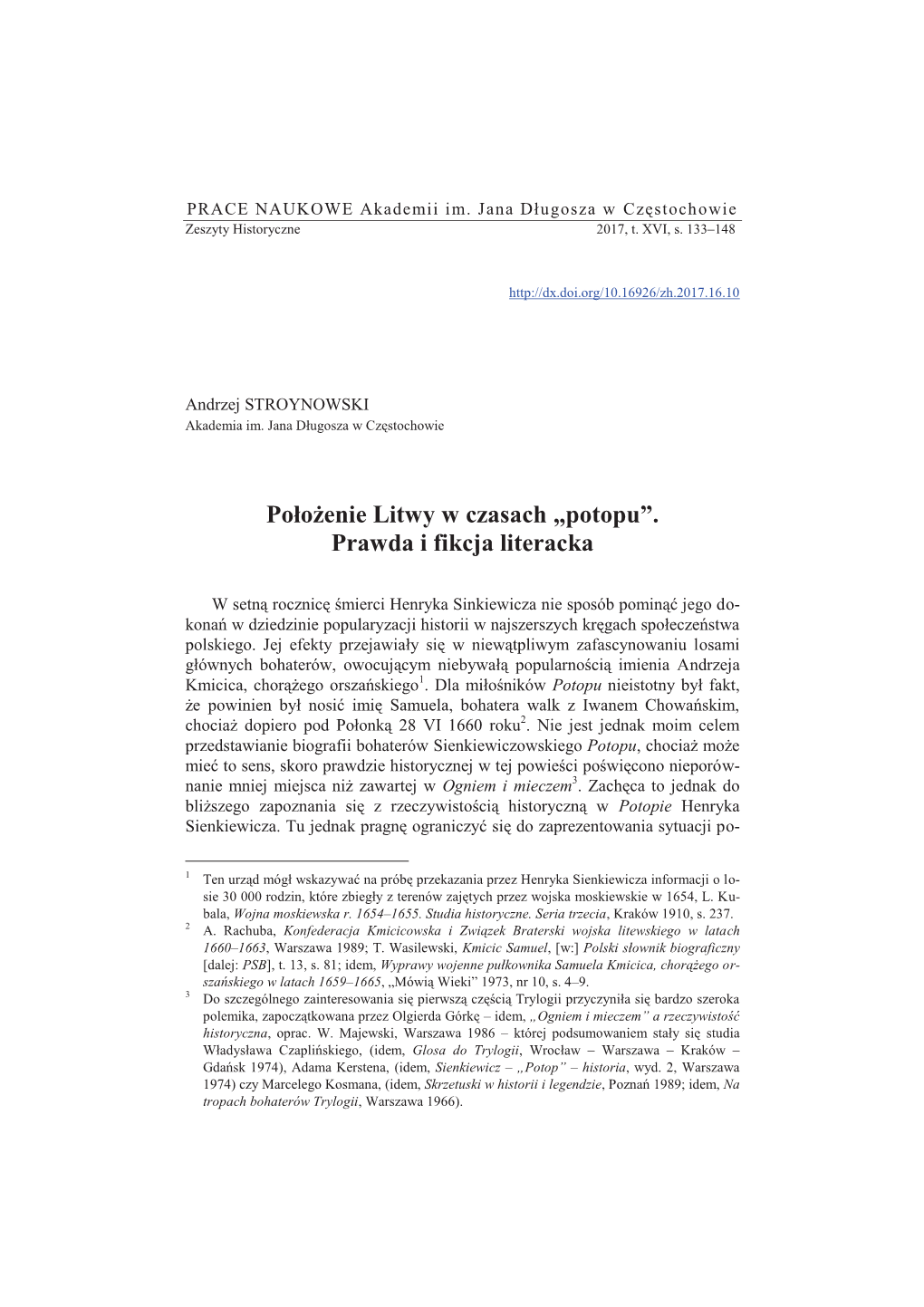 Położenie Litwy W Czasach „Potopu”. Prawda I Fikcja Literacka