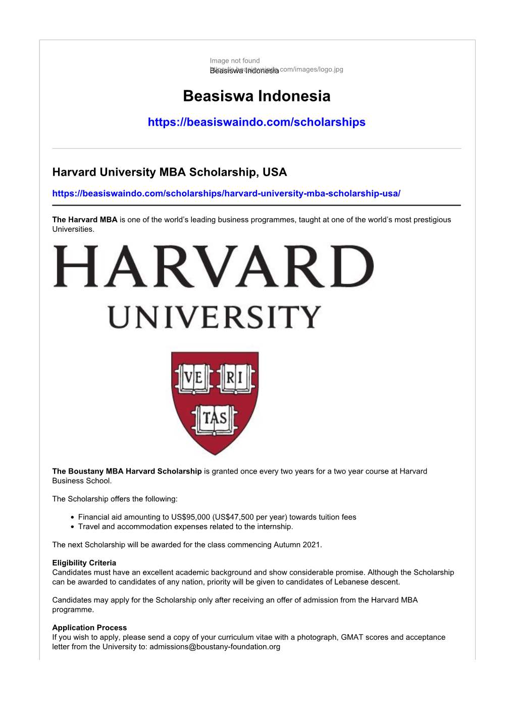 Harvard University MBA Scholarship, USA