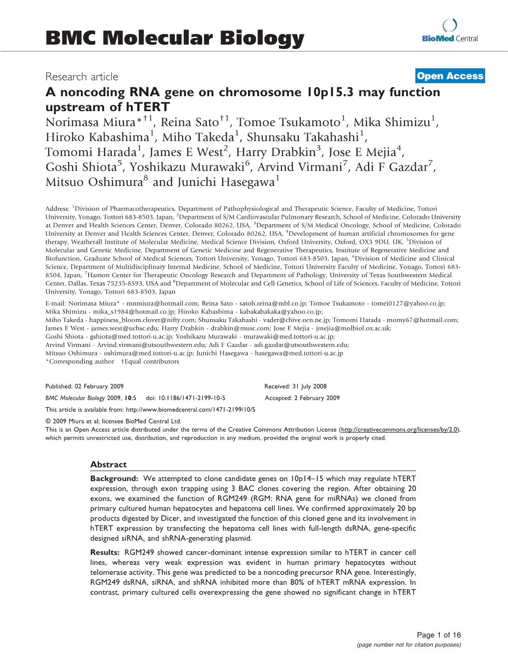 A Noncoding RNA Gene on Chromosome 10P15. 3 May Function