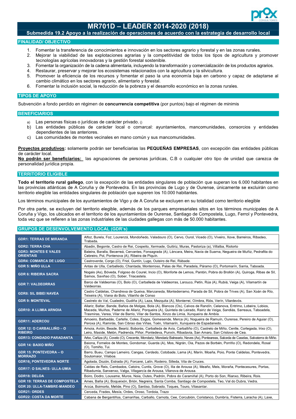 MR701D – LEADER 2014-2020 (2018) Submedida 19.2 Apoyo a La Realización De Operaciones De Acuerdo Con La Estrategia De Desarrollo Local