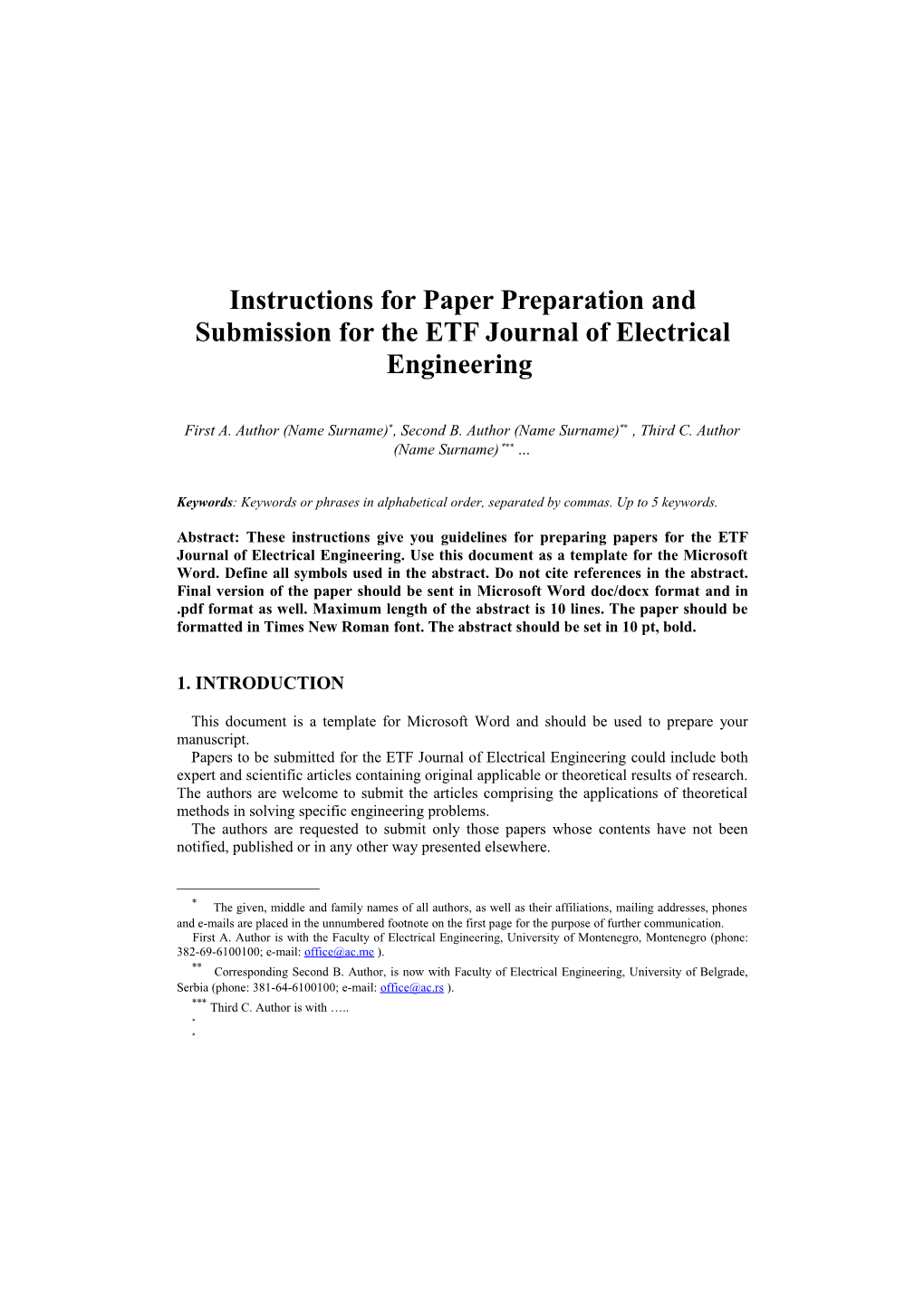 ORMAT Instructions for Paper Preparation and Submission for the ETF Journal of Electrical