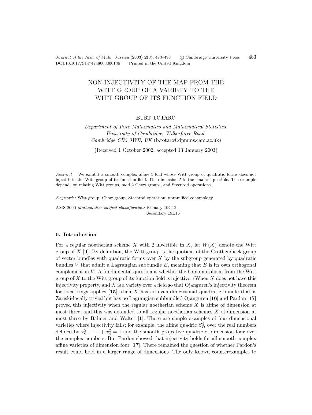 Non-Injectivity of the Map from the Witt Group of a Variety to the Witt Group of Its Function Field