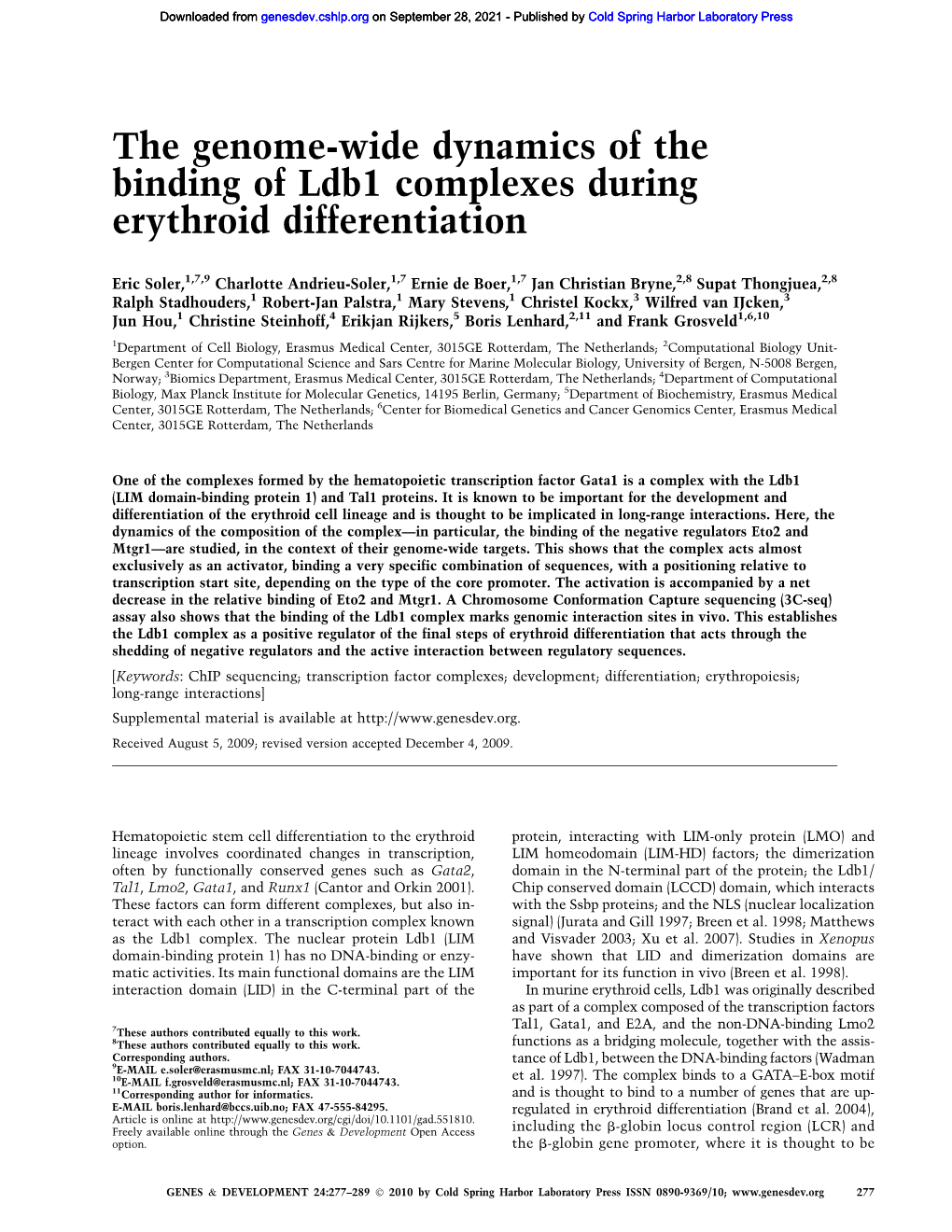 The Genome-Wide Dynamics of the Binding of Ldb1 Complexes During Erythroid Differentiation