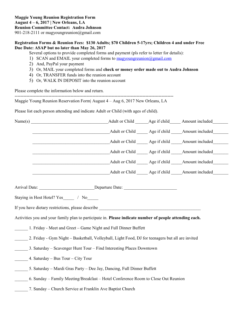 Sadberry Reunion Reservation Form