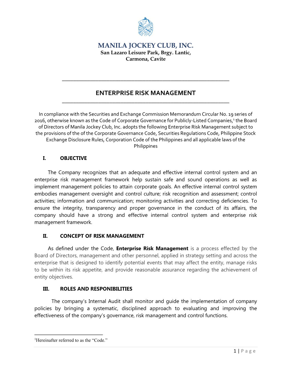 Manila Jockey Club, Inc. Enterprise Risk Management