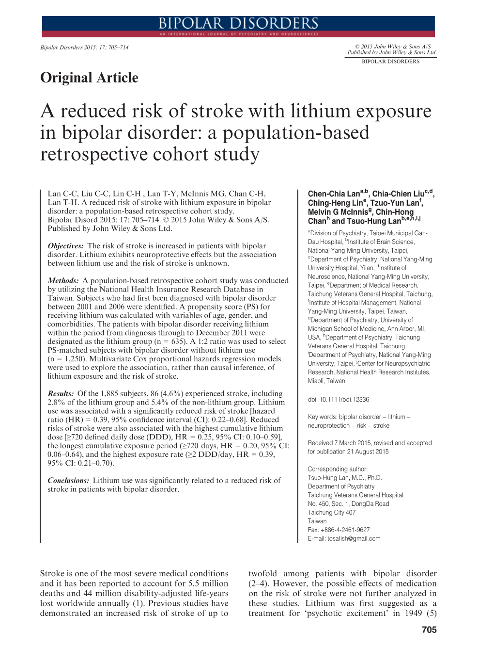 A Reduced Risk of Stroke with Lithium Exposure in Bipolar Disorder: a Population-Based Retrospective Cohort Study