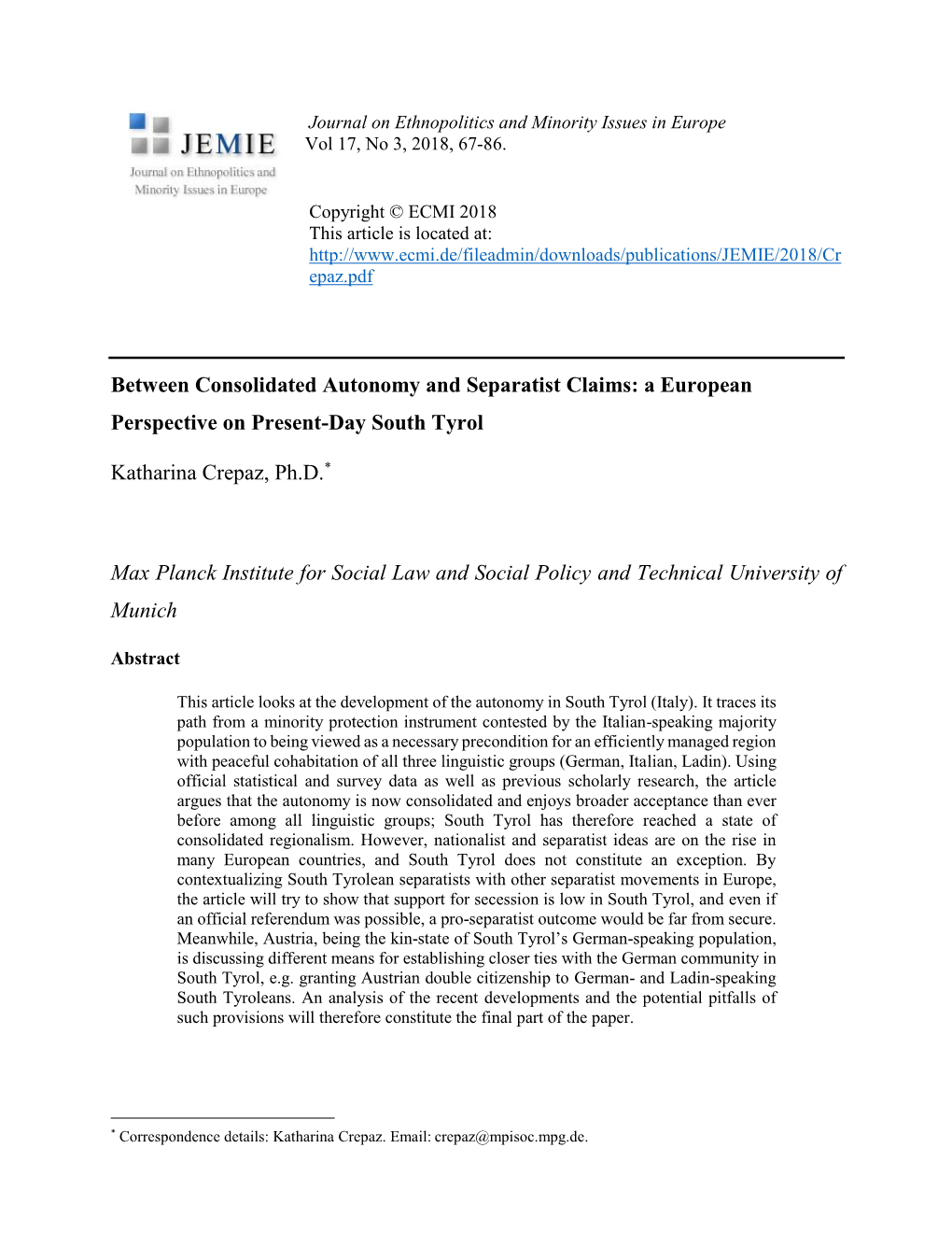 Between Consolidated Autonomy and Separatist Claims: a European Perspective on Present-Day South Tyrol