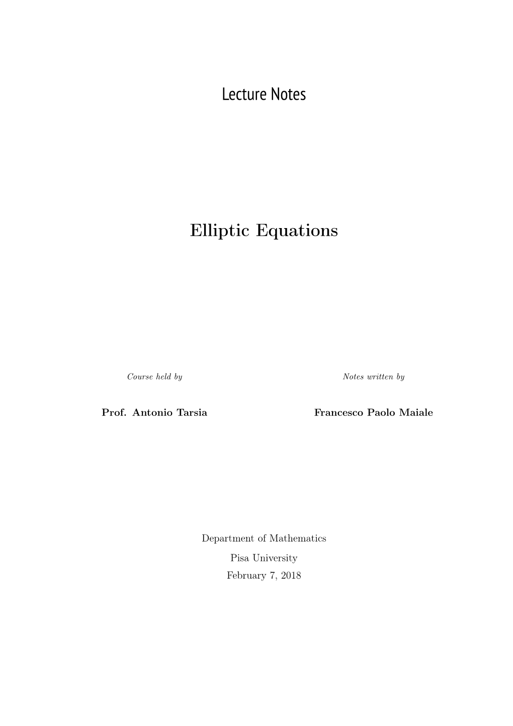 Lecture Notes Elliptic Equations