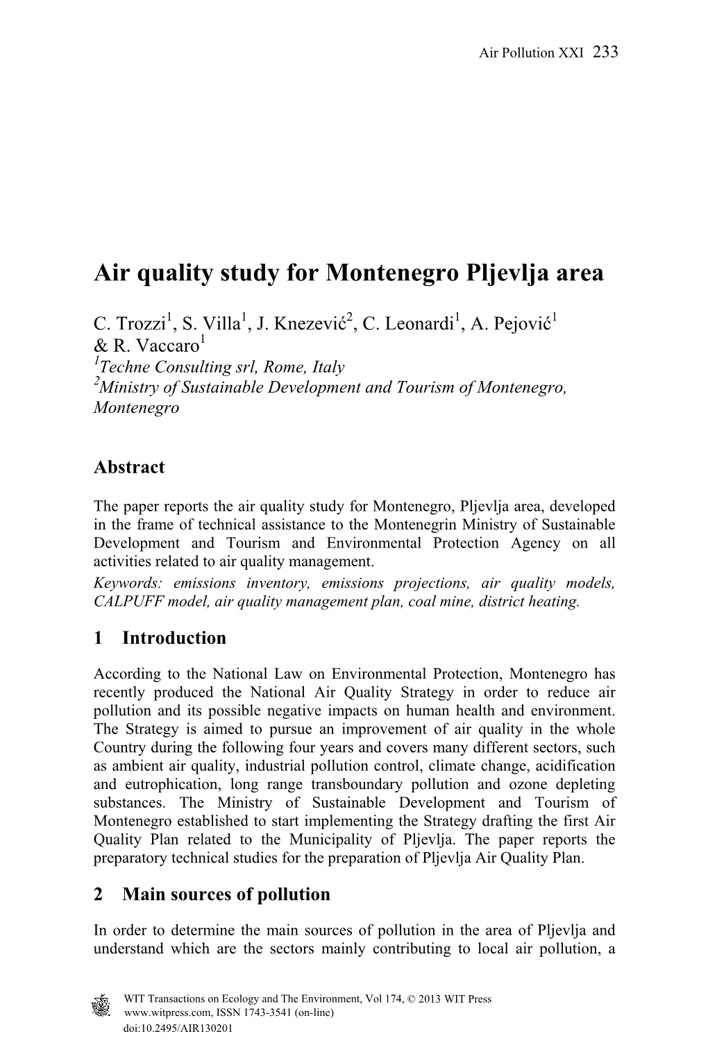 Air Quality Study for Montenegro Pljevlja Area