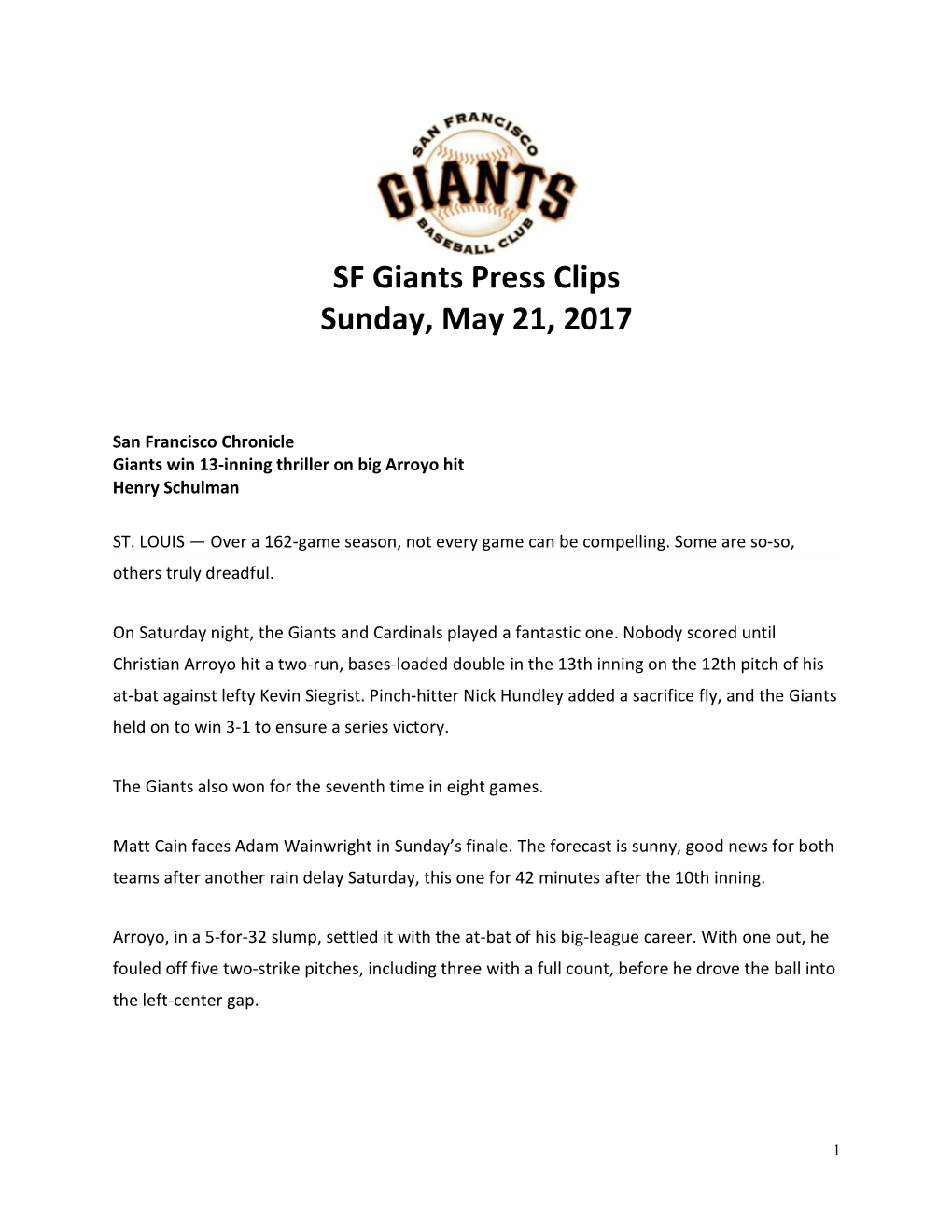 SF Giants Press Clips Sunday, May 21, 2017