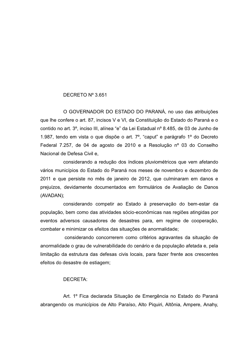 Decreto Nº 3.651 O Governador Do Estado Do