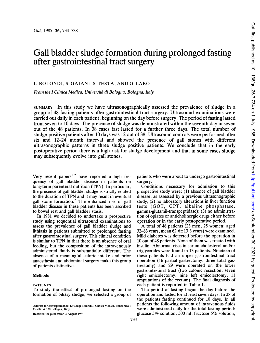 Gall Bladder Sludge Formation During Prolonged Fasting After Gastrointestinal Tract Surgery