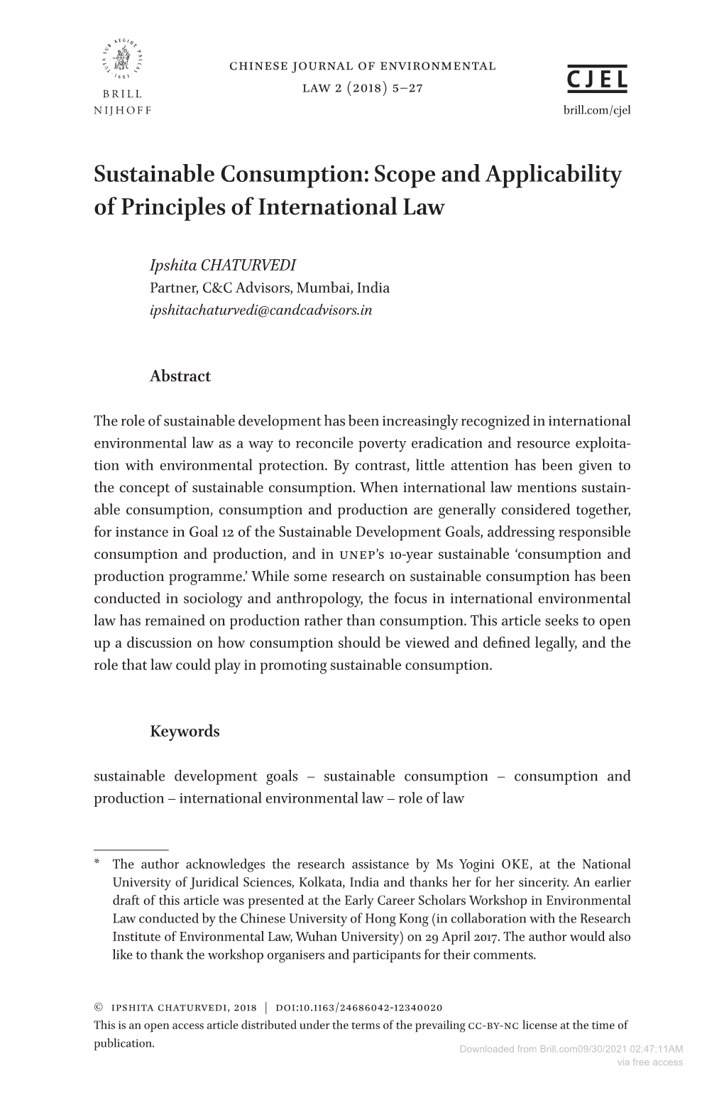 Sustainable Consumption: Scope and Applicability of Principles of International Law