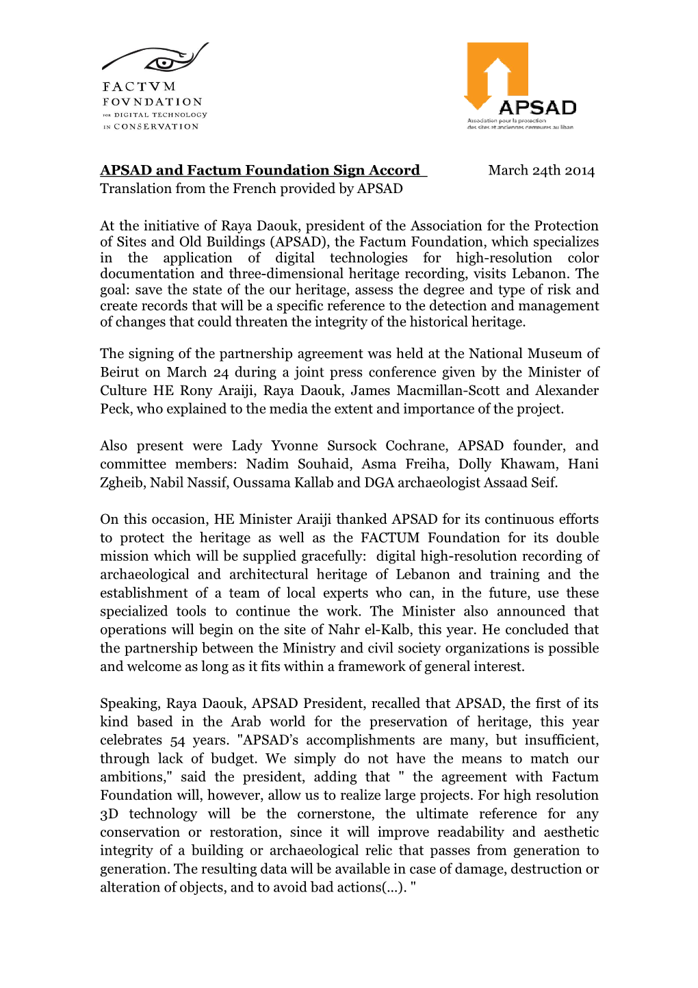 APSAD and Factum Foundation Sign Accord March 24Th 2014 Translation from the French Provided by APSAD