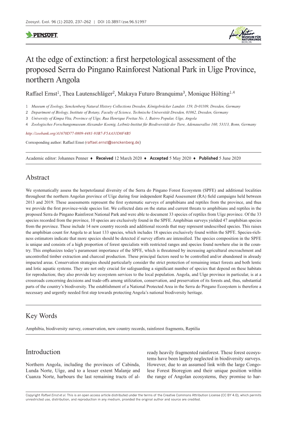 At the Edge of Extinction: a First Herpetological Assessment of the Proposed Serra Do Pingano Rainforest National Park in Uíge Province, Northern Angola