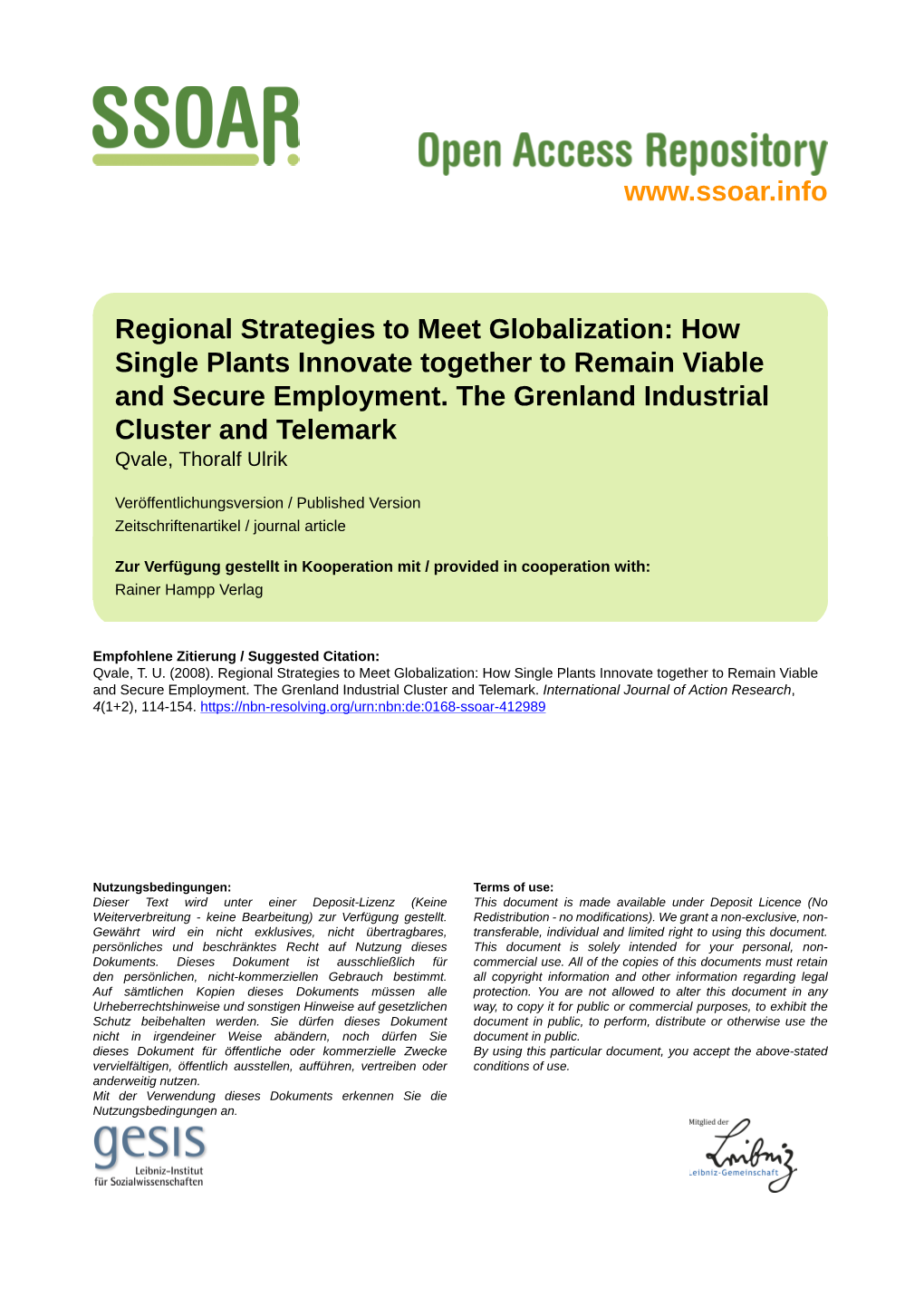 Regional Strategies to Meet Globalization: How Single Plants Innovate Together to Remain Viable and Secure Employment