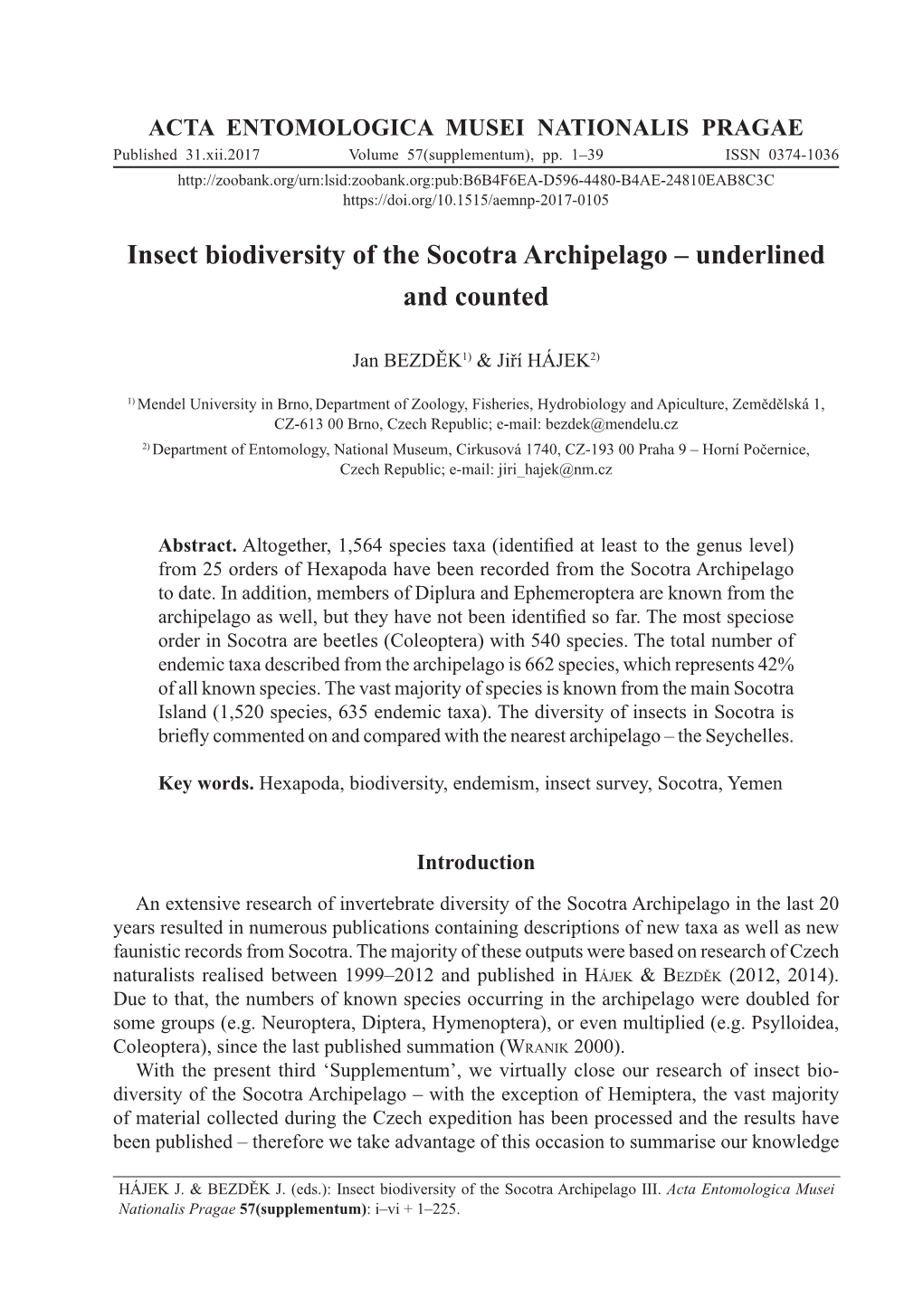 Insect Biodiversity of the Socotra Archipelago – Underlined and Counted