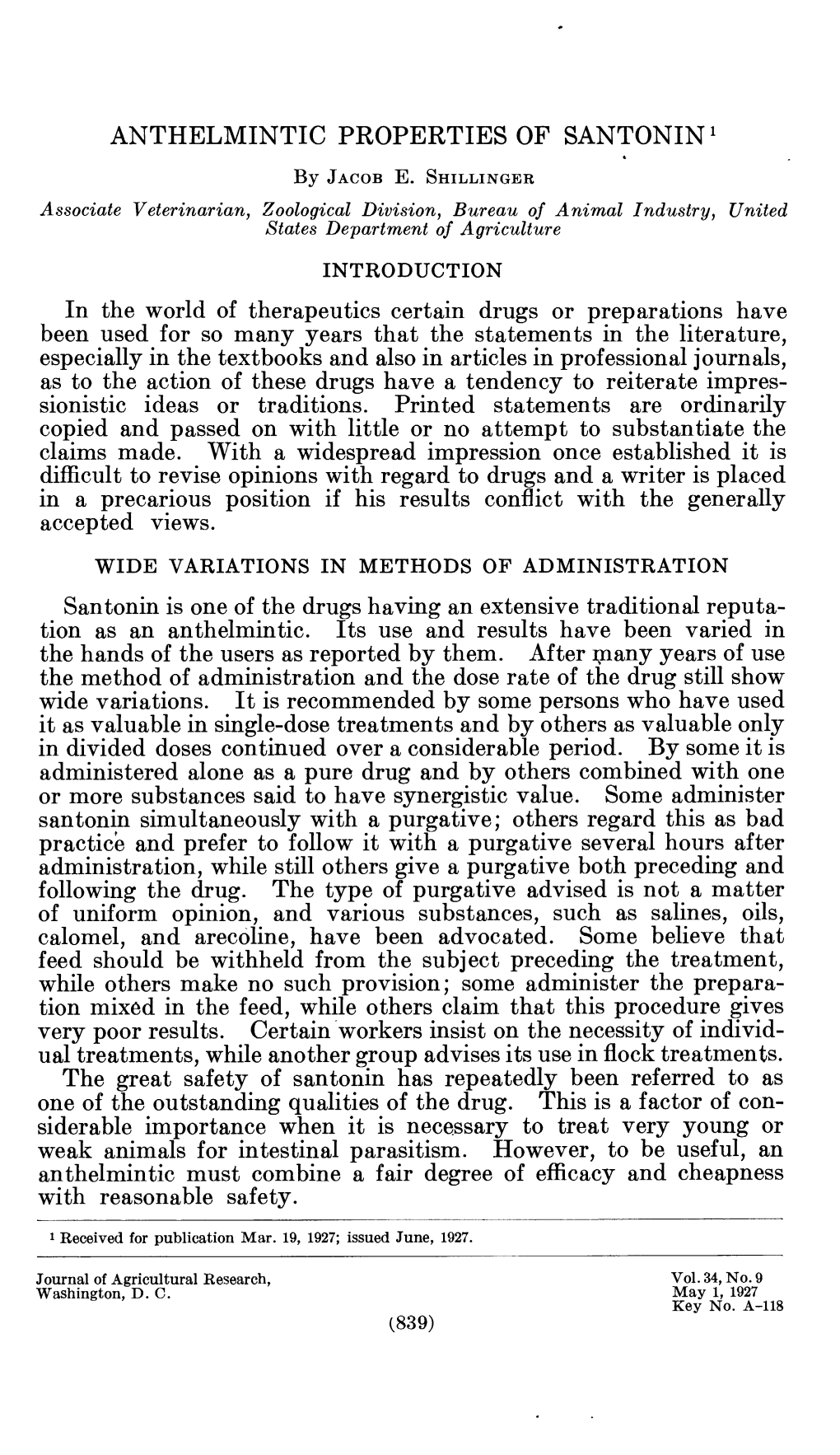 Anthelmintic Properties of Santonin'