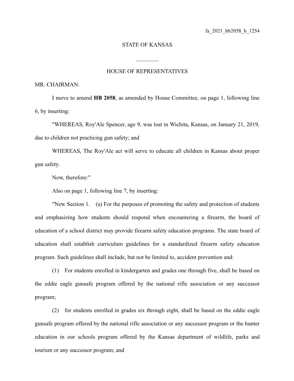 I Move to Amend HB 2058, As Amended by House Committee, on Page 1, Following Line