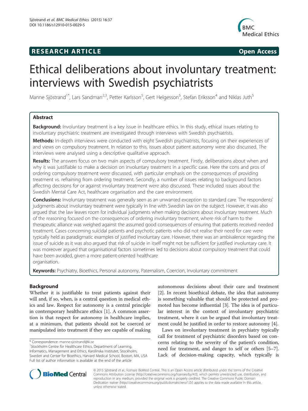 Ethical Deliberations About Involuntary Treatment: Interviews with Swedish