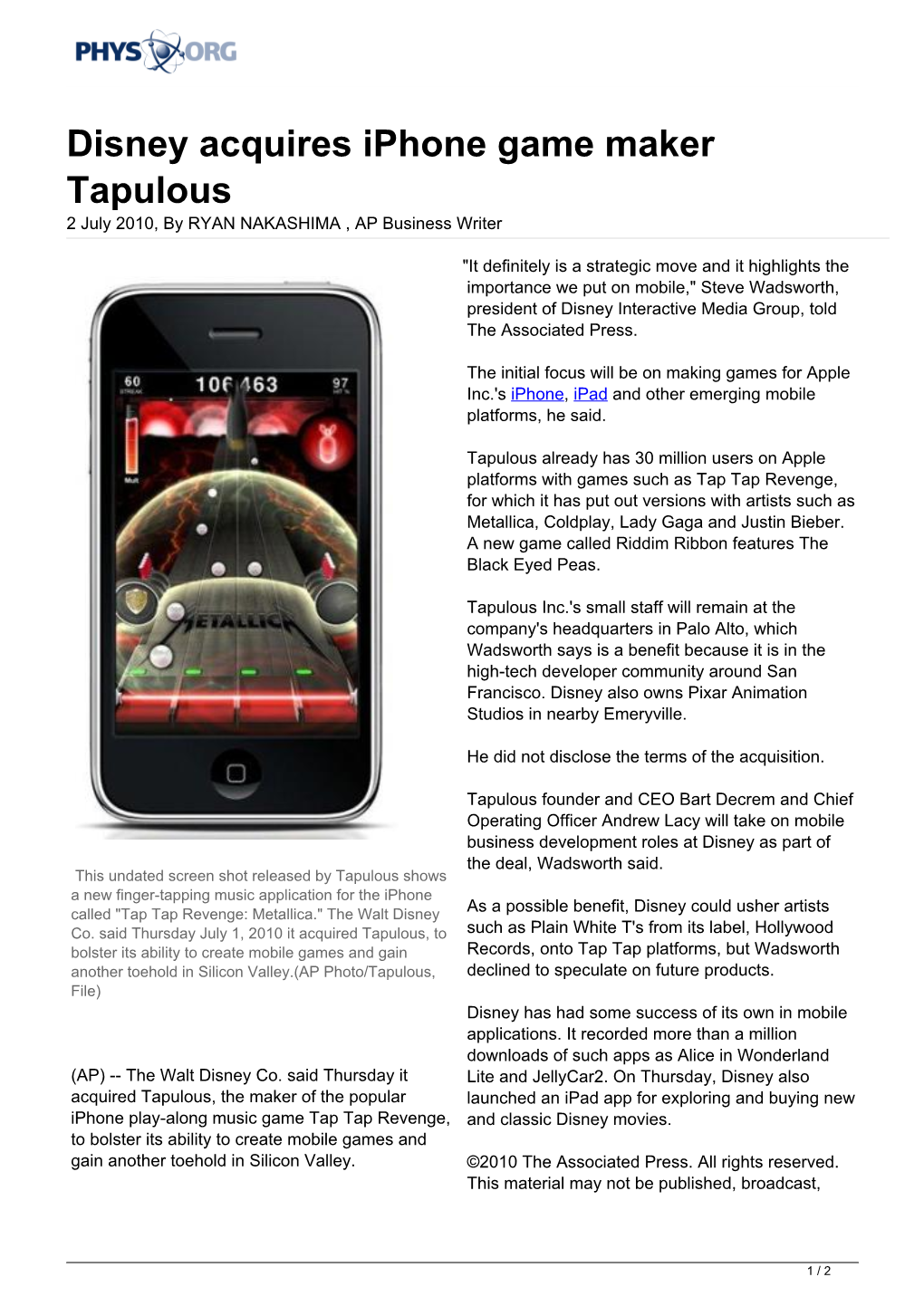 Disney Acquires Iphone Game Maker Tapulous 2 July 2010, by RYAN NAKASHIMA , AP Business Writer