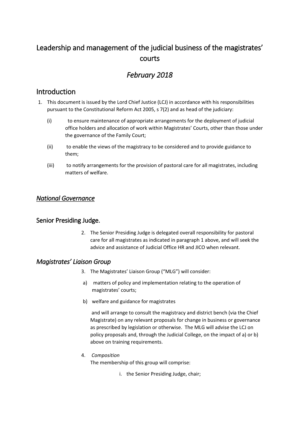 Leadership and Management of the Judicial Business of the Magistrates’ Courts