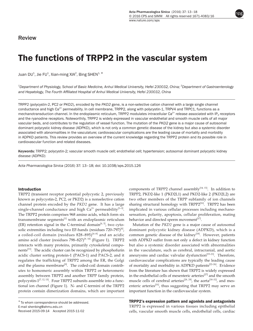 The Functions of TRPP2 in the Vascular System