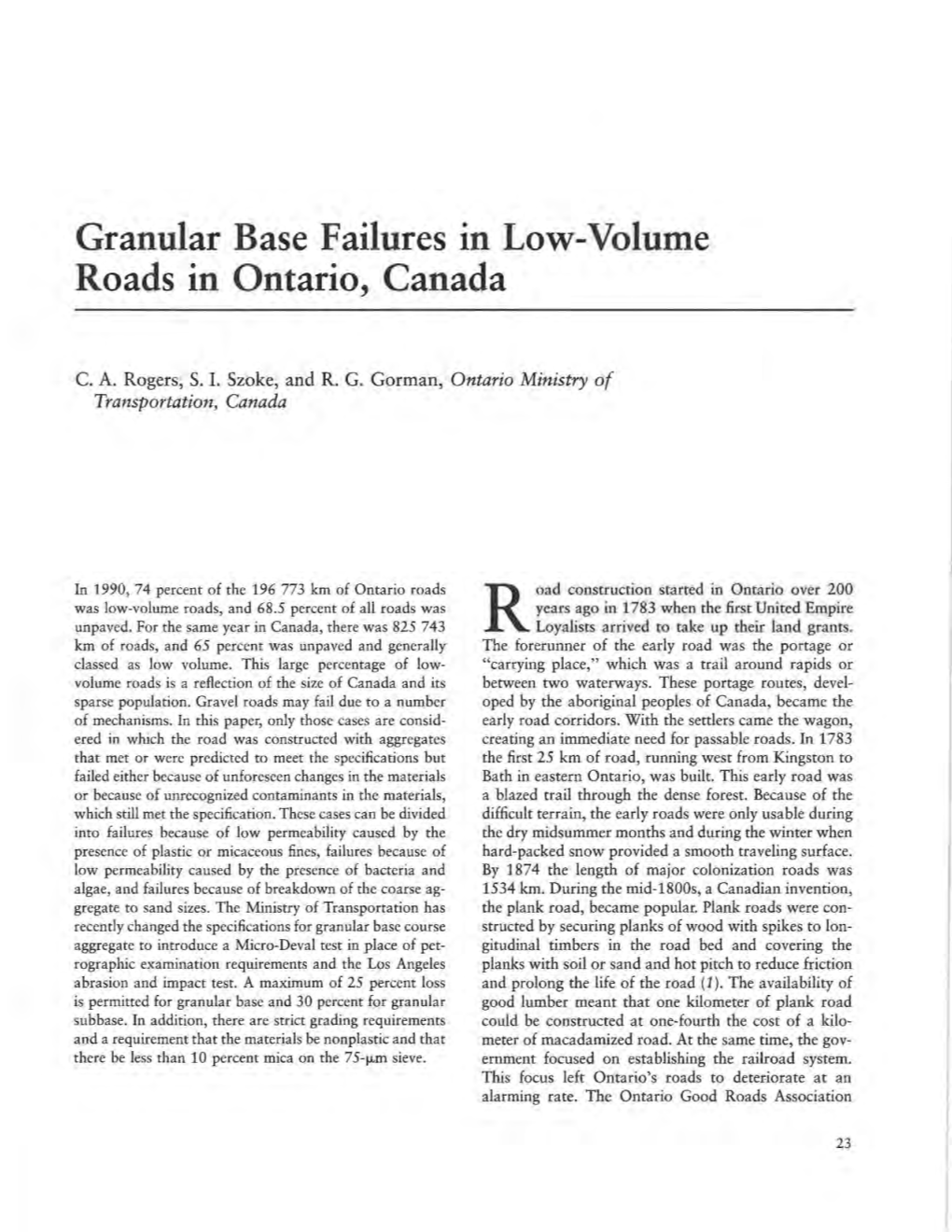 Granular Base Failures in Low-Volume Roads in Ontario, Canada