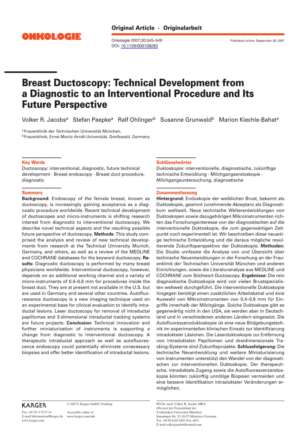 Breast Ductoscopy: Technical Development from a Diagnostic to an Interventional Procedure and Its Future Perspective