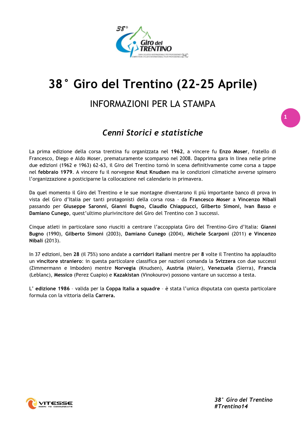 38° Giro Del Trentino (22-25 Aprile) INFORMAZIONI PER LA STAMPA