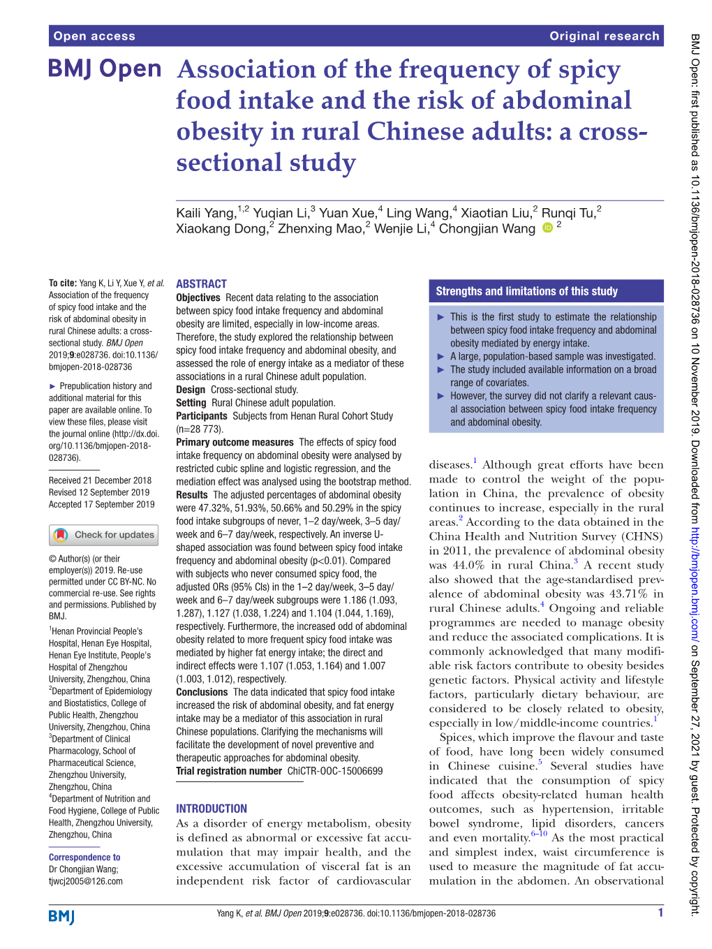 Association of the Frequency of Spicy Food Intake and the Risk of Abdominal Obesity in Rural Chinese Adults: a Cross-­ Sectional Study