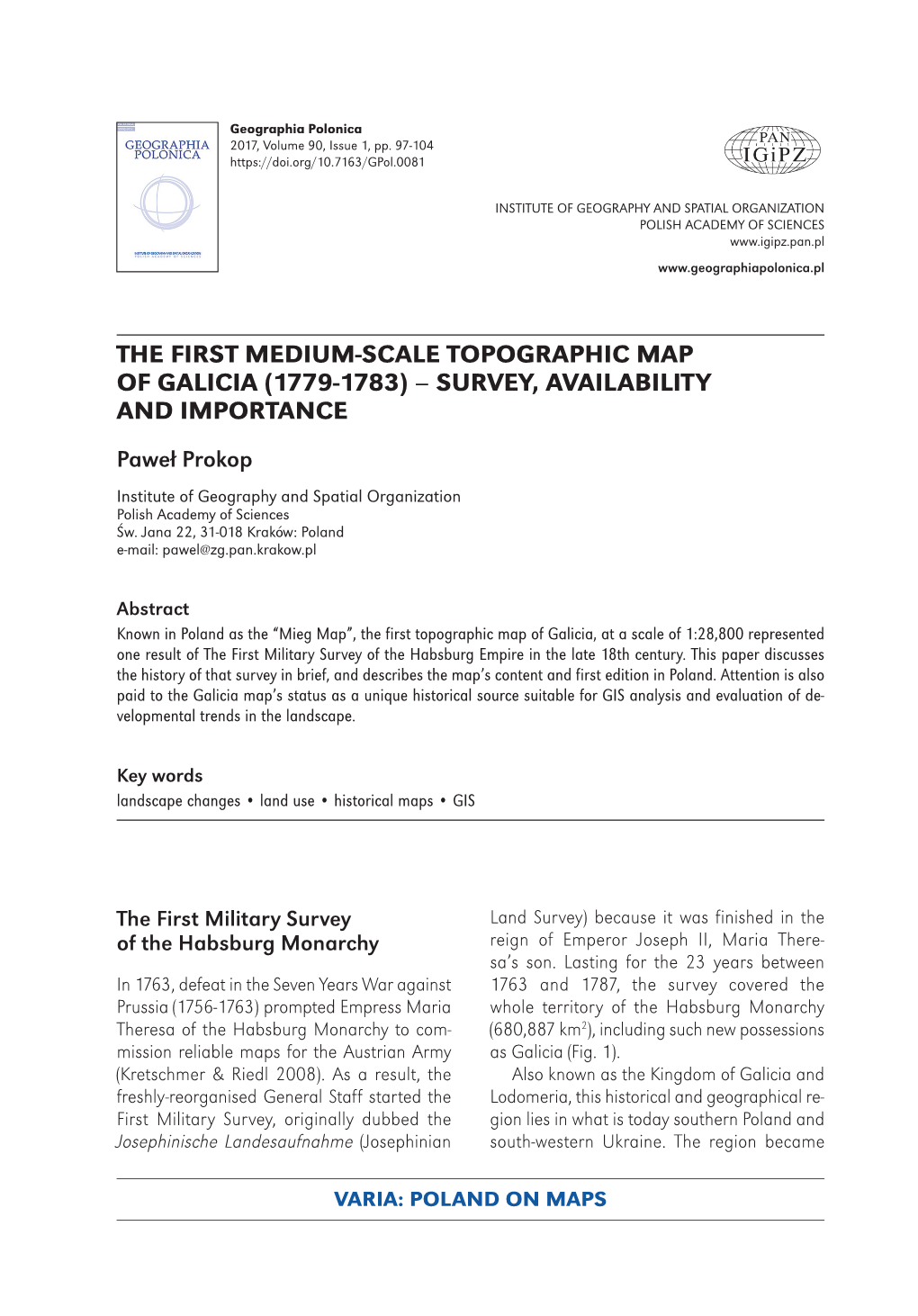 Geographia Polonica Vol. 90 No. 1 (2017), the First Medium-Scale