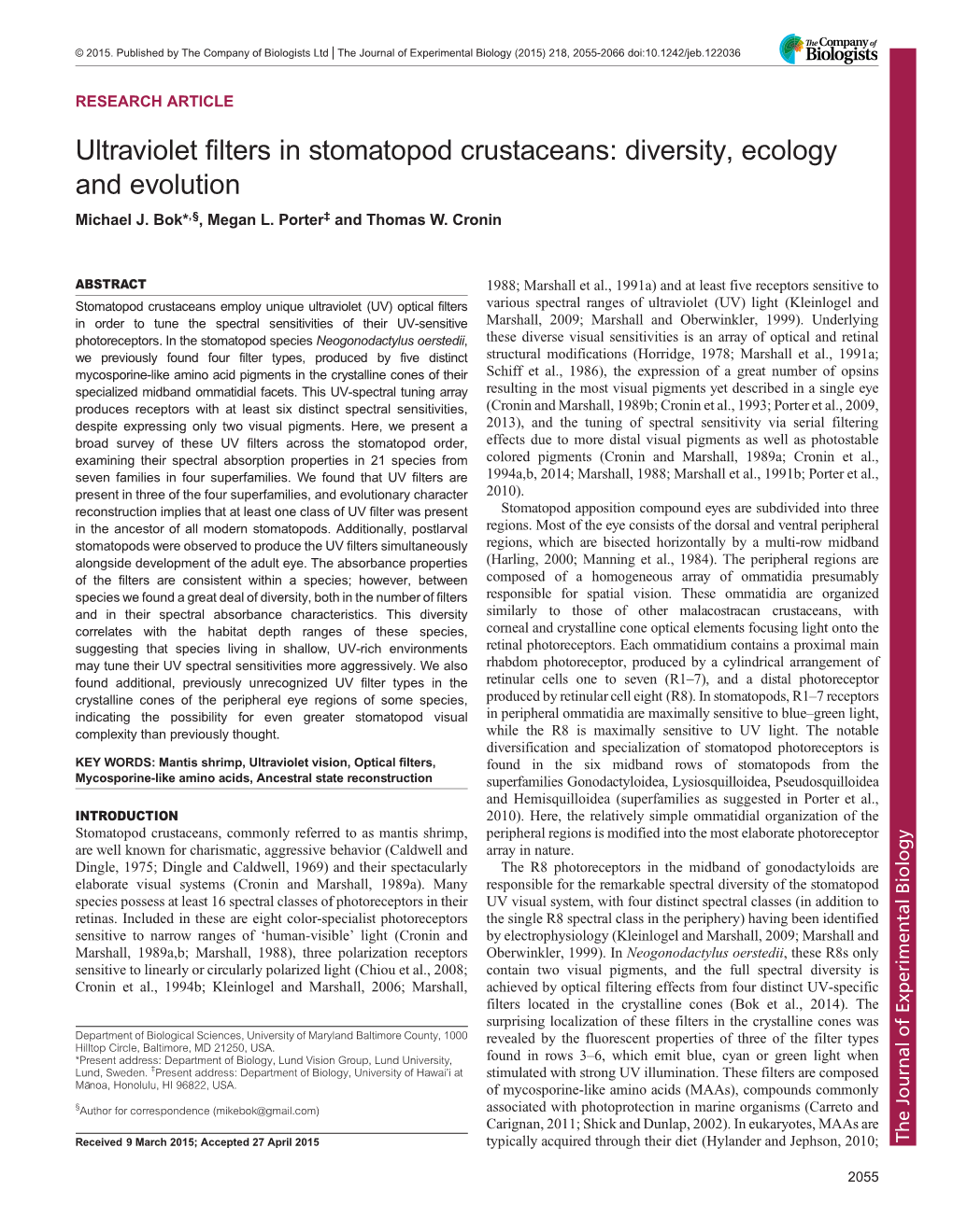 Ultraviolet Filters in Stomatopod Crustaceans: Diversity, Ecology and Evolution Michael J