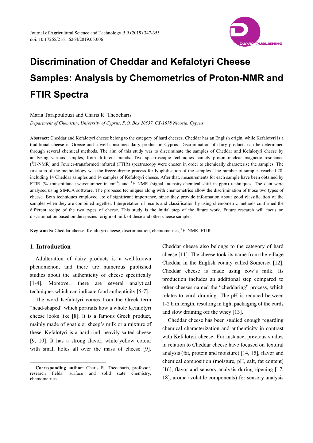 Discrimination of Cheddar and Kefalotyri Cheese Samples: Analysis by Chemometrics of Proton-NMR and FTIR Spectra