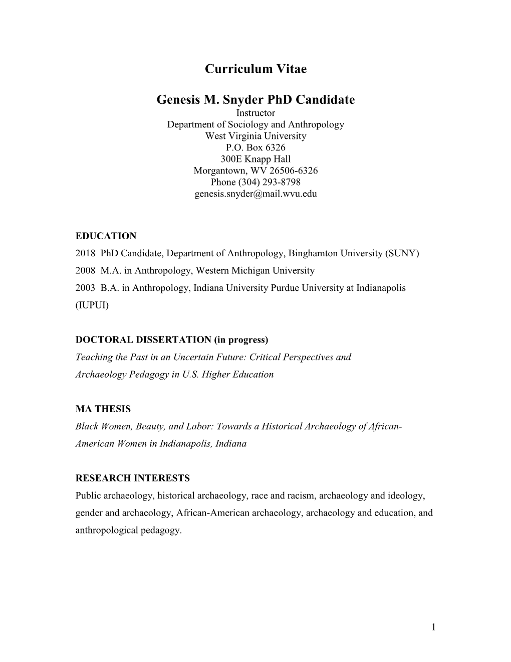 Curriculum Vitae Genesis M. Snyder Phd Candidate