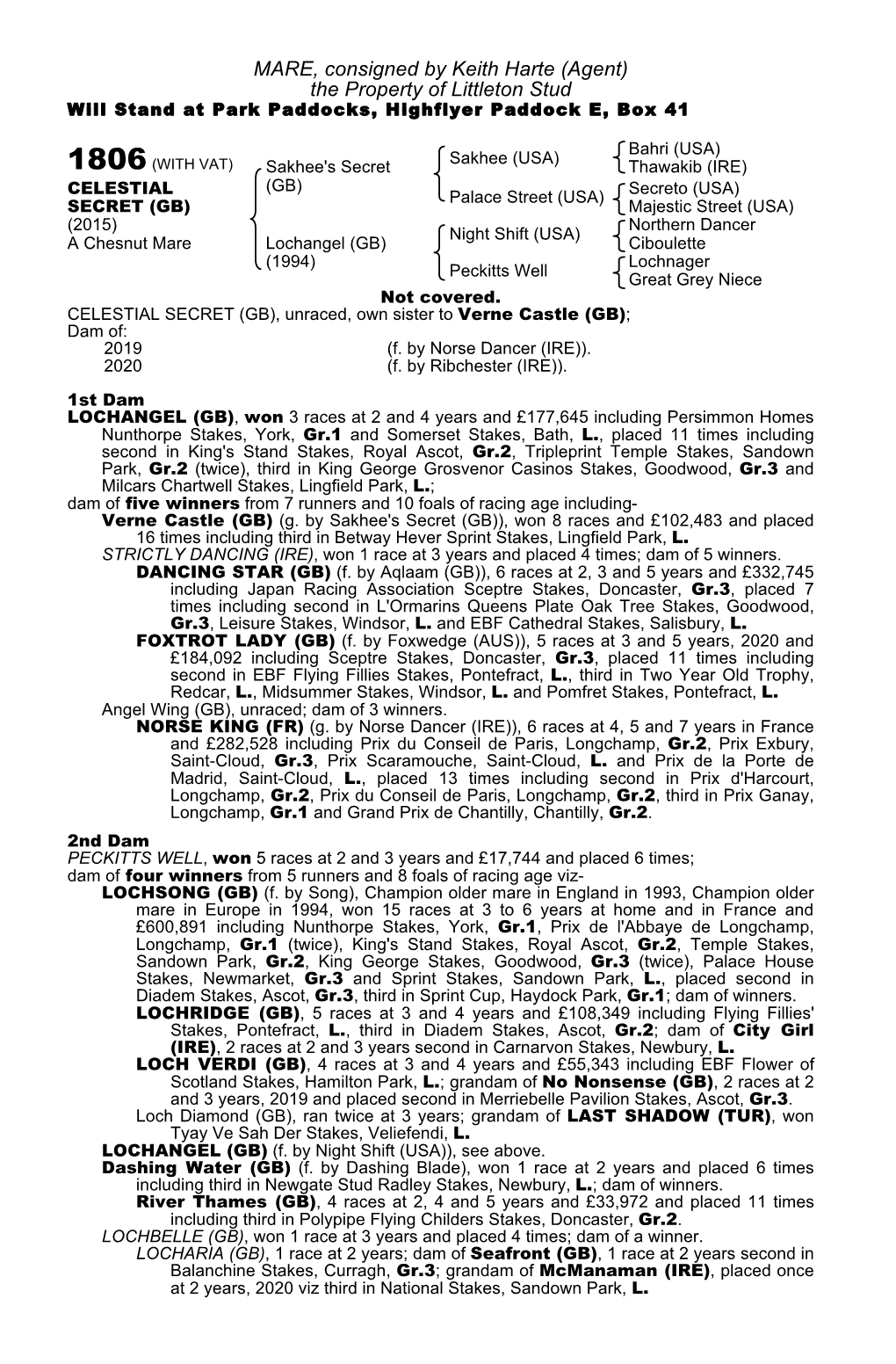 MARE, Consigned by Keith Harte (Agent) the Property of Littleton Stud Will Stand at Park Paddocks, Highflyer Paddock E, Box 41