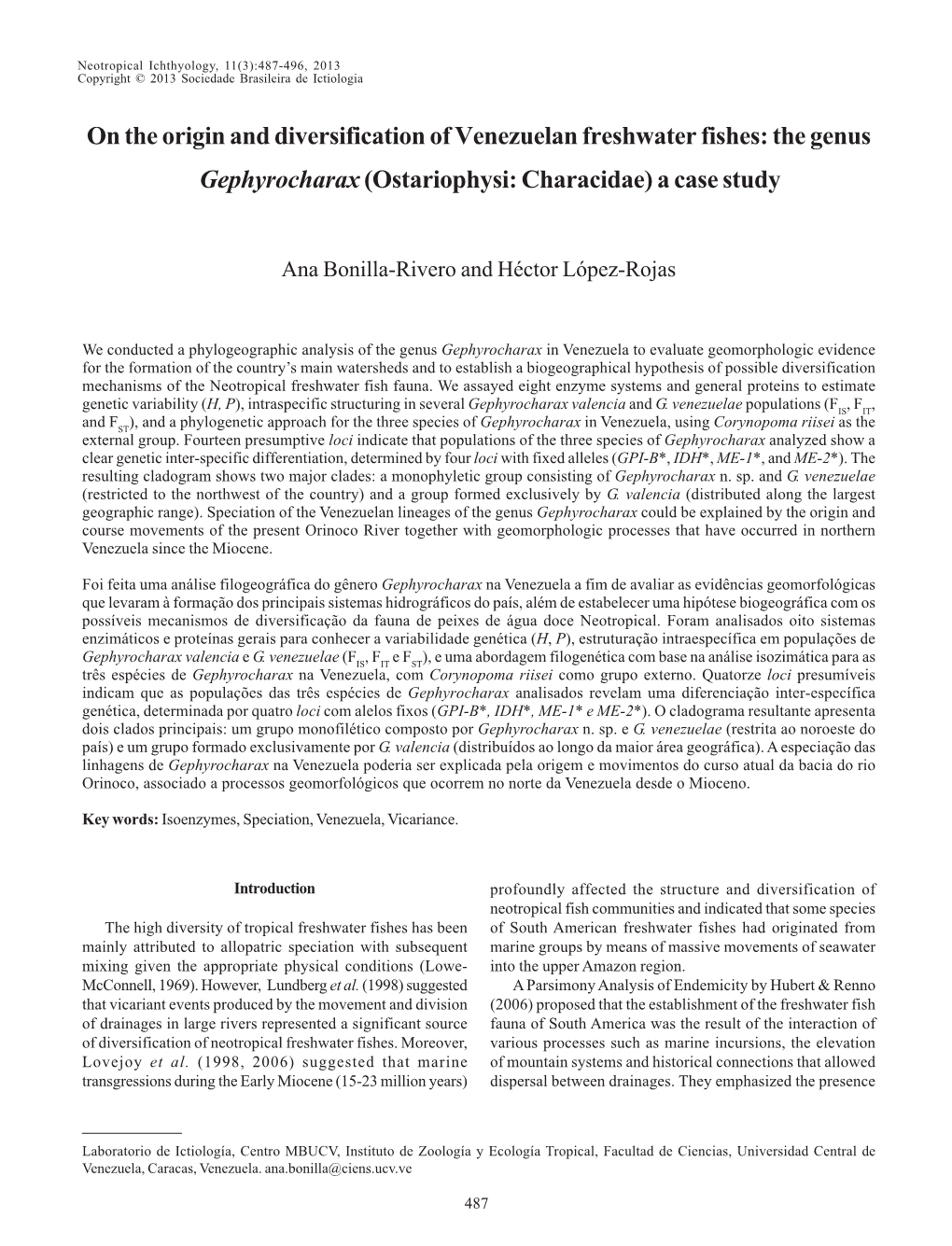 On the Origin and Diversification of Venezuelan Freshwater Fishes: the Genus Gephyrocharax (Ostariophysi: Characidae) a Case Study